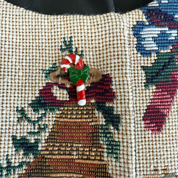 Vintage Christmas Tapestry Vest Holiday L/XL Tuxedo Black Back Stitched 90s Y2K - Picture 2 of 10